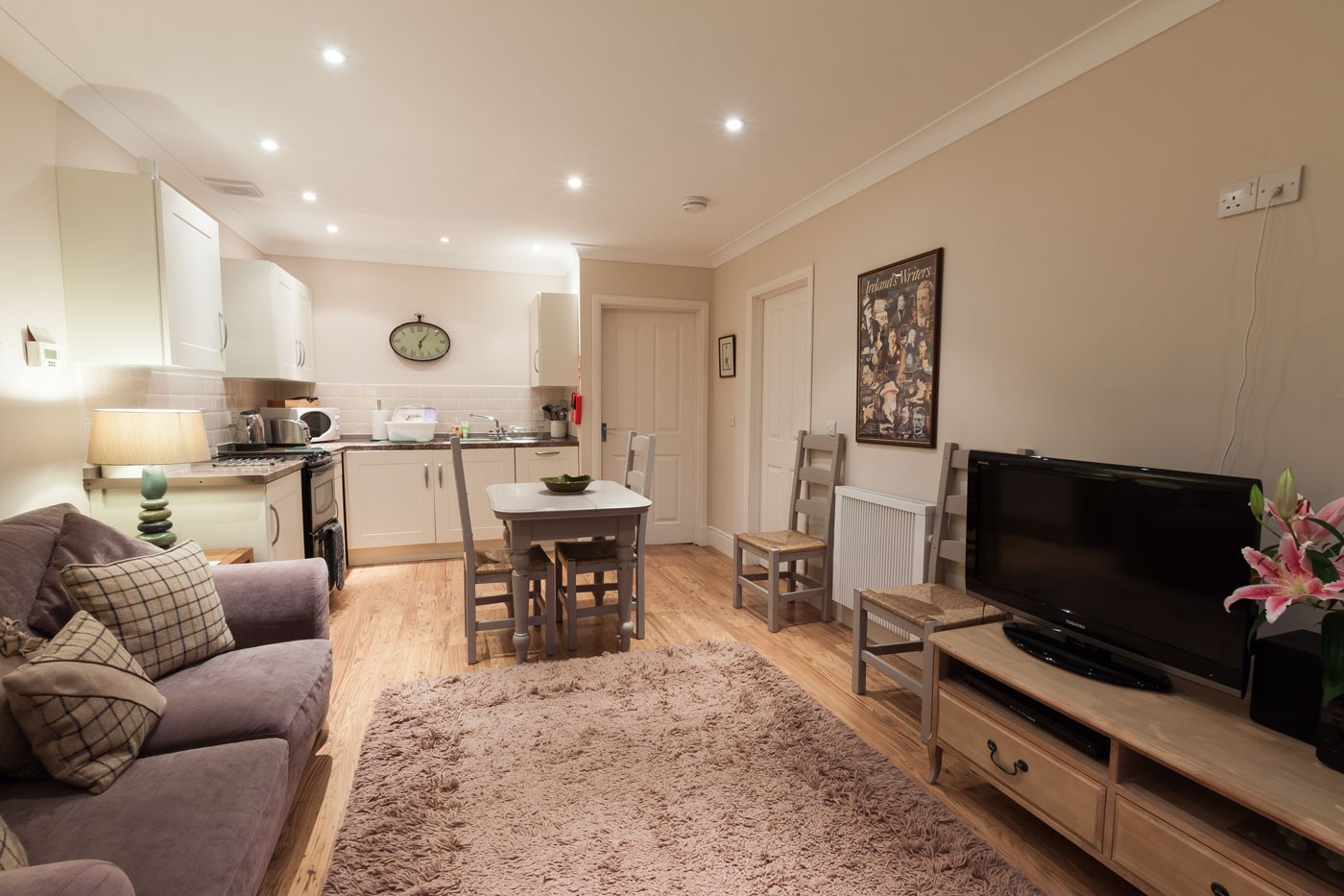 Kitchen, living room and dining room.