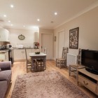 Kitchen, living room and dining room.