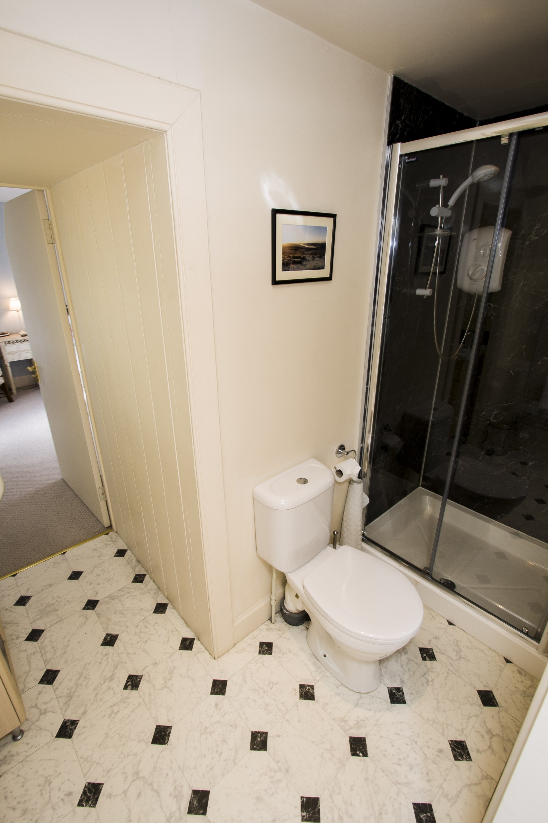 Bathroom with toilet and shower.